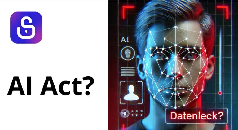 Titelgrafik „AI Act?“ mit einem Gesicht unter biometrischem Scan-Raster und der Frage „Datenleck?“