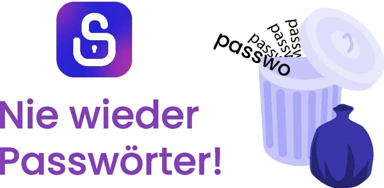 Titelgrafik „Nie wieder Passwörter!“: durchgestrichene Passwörter wandern in den Papierkorb