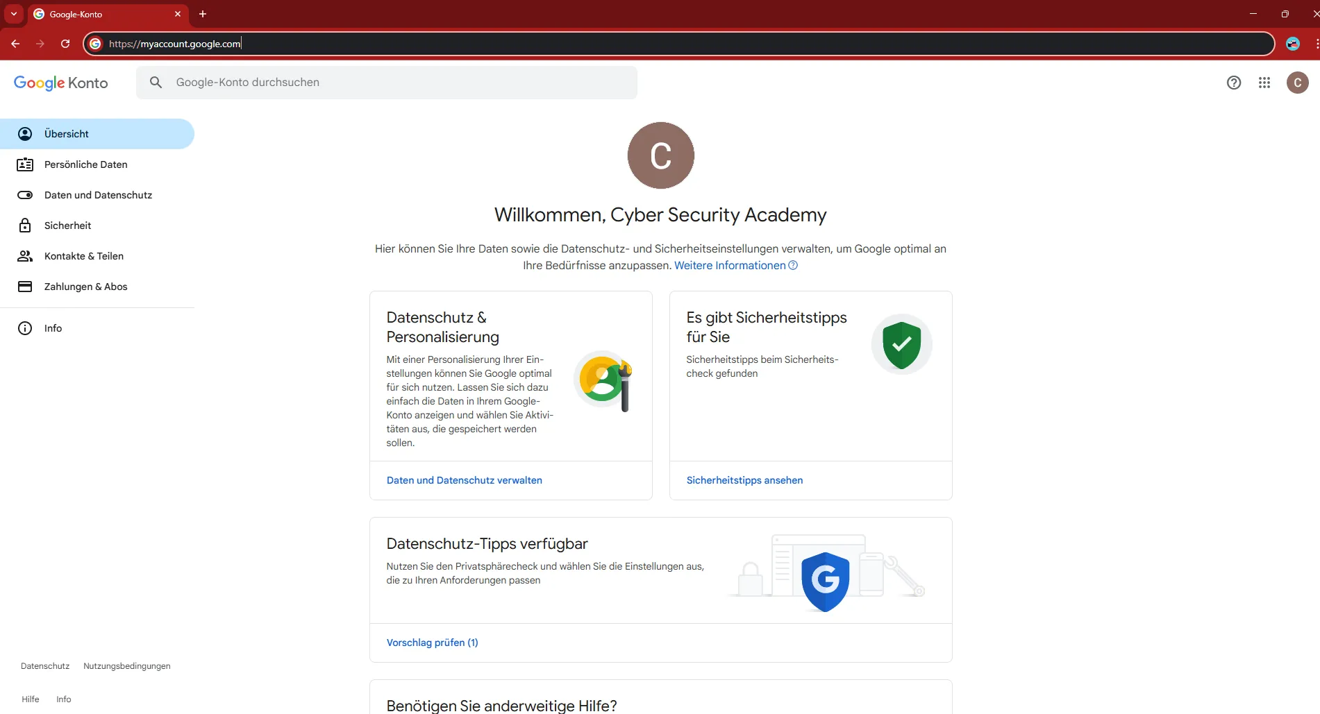 Screenshot der Google-Konto-Übersicht (myaccount.google.com) mit Menüpunkten wie „Sicherheit“ und „Daten und Datenschutz“.