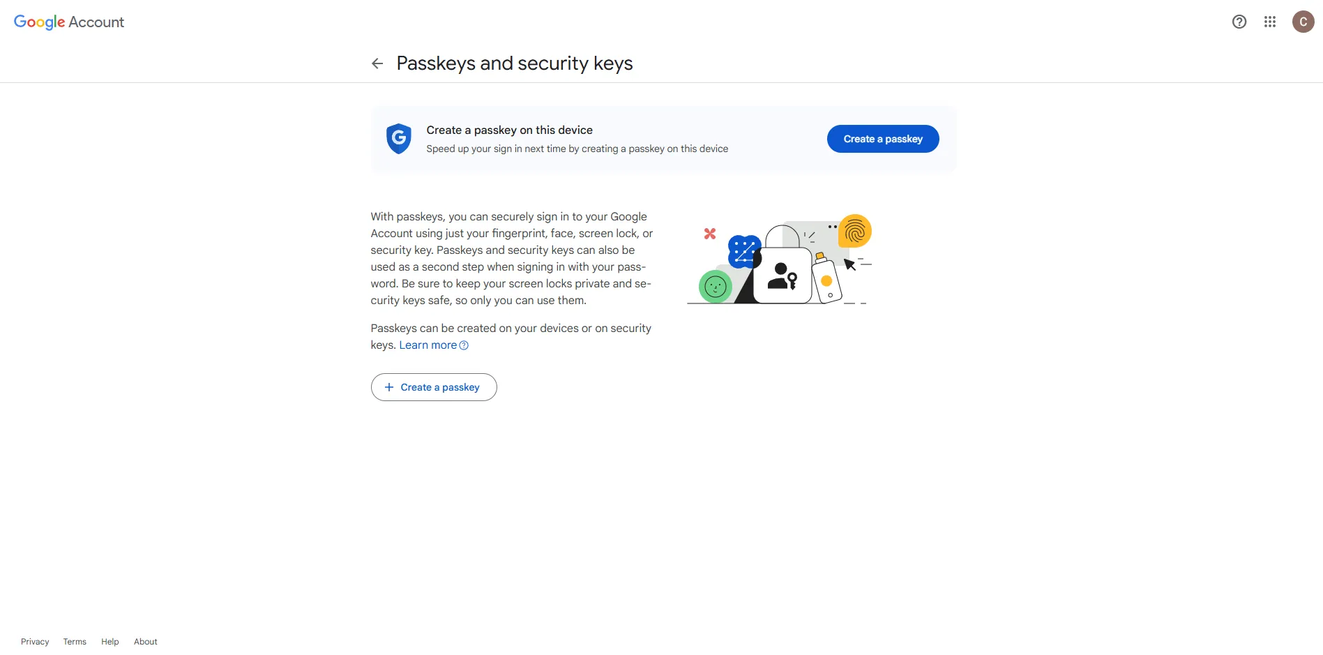 Screenshot der Google-Seite „Passkeys and security keys“ mit der Schaltfläche „Create a passkey“.